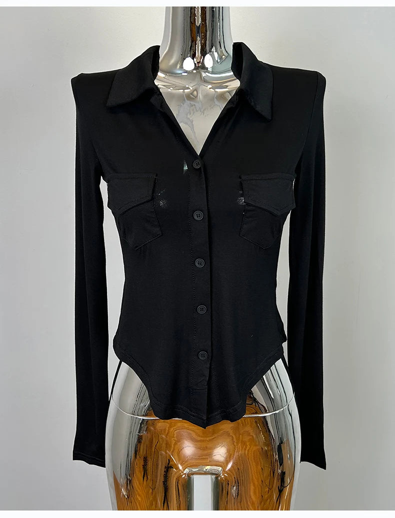 Sexy Button-Up Slim Fit Blouse – Women’s Early Autumn Korean Style Double Pocket Swing Top