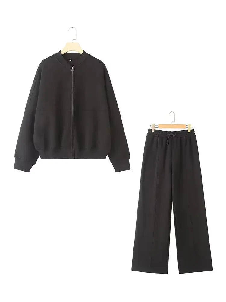 HH Women’s Fall 2-Piece Retro Set – Zip Bomber Jacket & High Waist Lace-Up Wide Leg Pants 🍁🖤