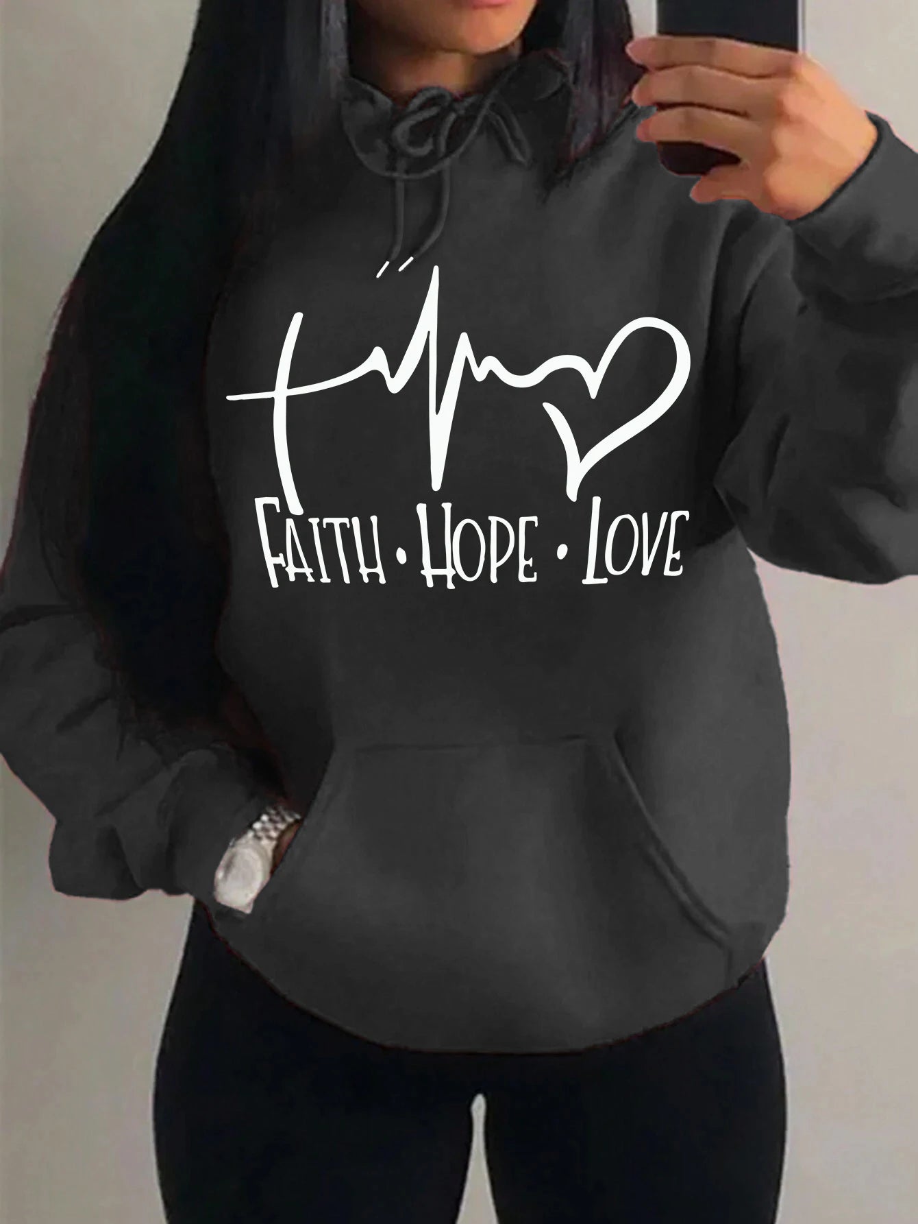 Faith Hope Love Letter Graphic Women’s Hoodie – Casual Loose Streetwear Fleece Pullover Autumn Top