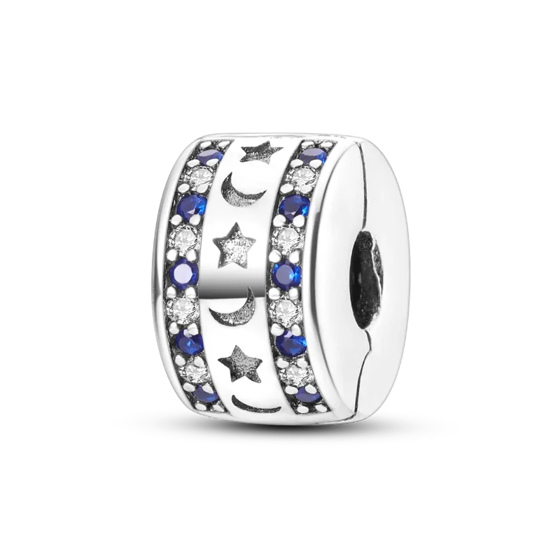 925 Sterling Silver Blue Moon Plane Space Series Glass Beads Clip Charm for Bracelet