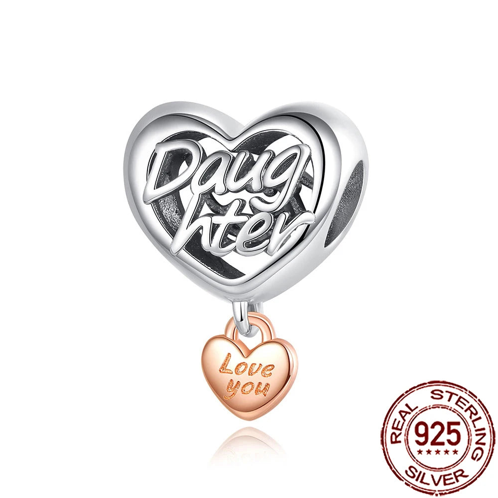 2025 New 925 Sterling Silver Family Love Heart Charm Beads | Sister, Daughter & Mother Pendant for Bracelets & DIY Jewelry