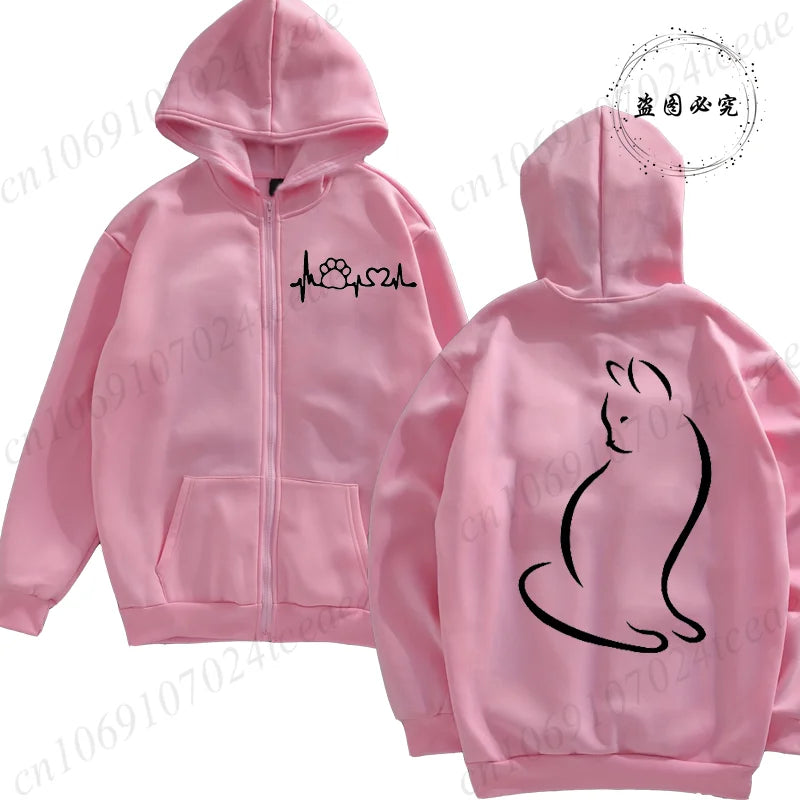 Women’s Cat Heartbeat Zipper Hoodie | Cute Zip-Up Sweatshirt | Autumn Winter Streetwear Jacket