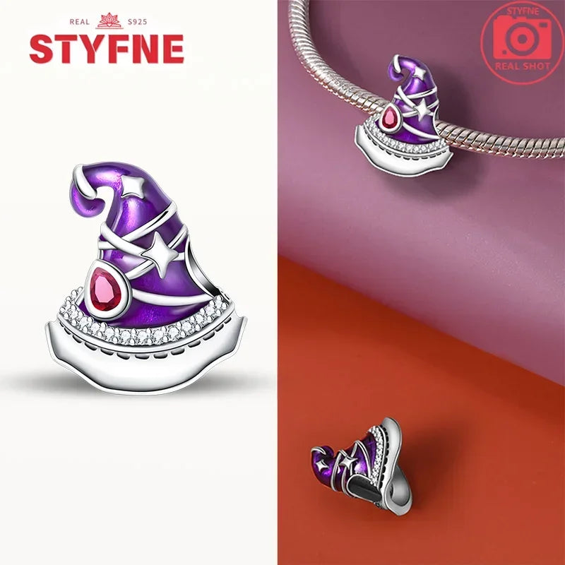 925 Sterling Silver Purple Witch Hat & Magic Book Charm – Halloween Beads Fit Original Pandora Bracelet DIY Jewelry Gift for Women