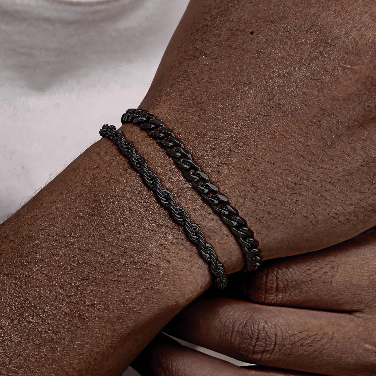 2PCS Men’s Chain Bracelets – Silver, Gold & Black Stainless Steel Twisted Rope Cuban Chain