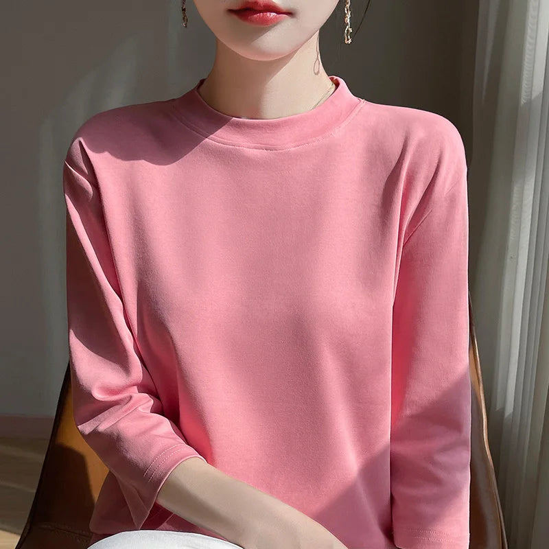 Women’s Cotton T-Shirt | Semi-High-Neck Cropped Sleeve Top | Loose Solid Color Summer & Autumn Bottoming Tee