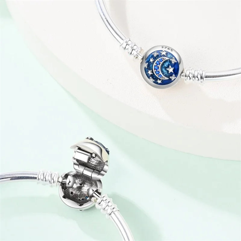 925 Sterling Silver Heart Moon Sun Clasp Charm Bracelet | 17–20CM Original Bracelet for Women | Fits Pandora DIY Beads Jewelry