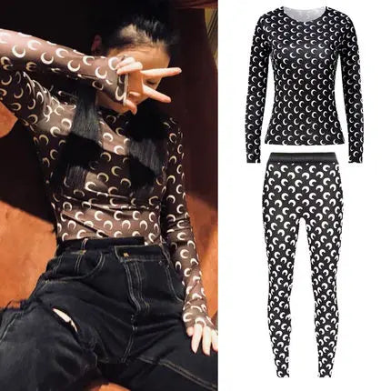 American Retro Women’s Two-Piece Set – Ice Silk Top & Pants with Moon Print Long Sleeve 🌙✨