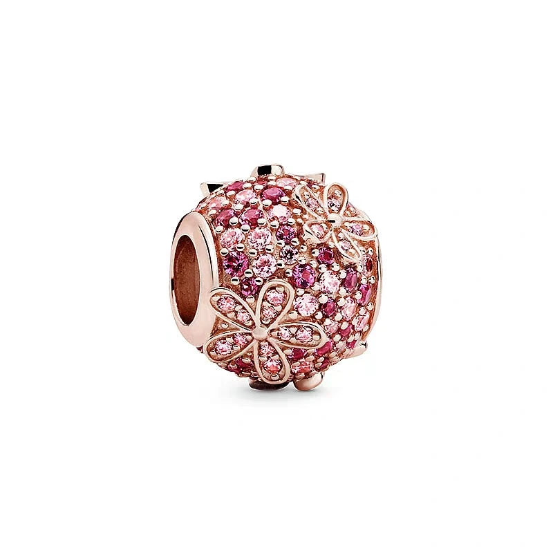 925 Sterling Silver Rose Gold Pink Daisy Charm – Zircon Bead Fit Pandora Bracelet Luxury Jewelry Gift for Women
