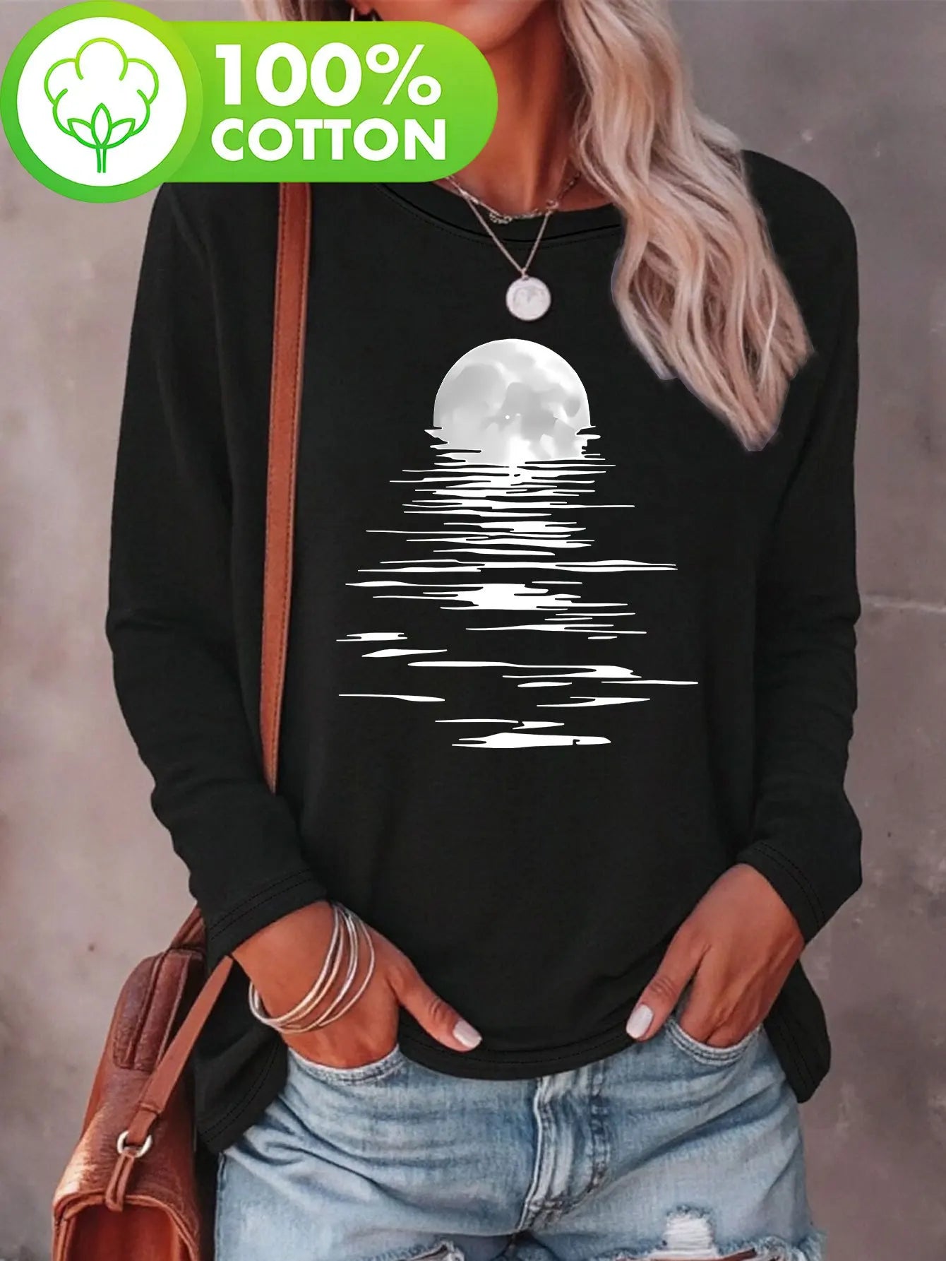 Women’s Cotton Moon Art T-Shirt 🌙 Long Sleeve Crew Neck Fall Winter Top ✨