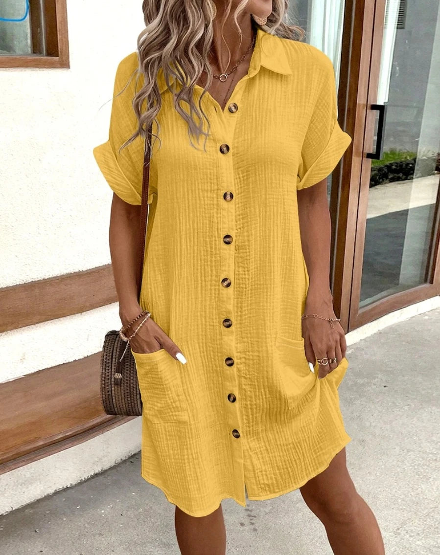Vintage Women’s Solid Mini Dress – Summer V-Neck Three-Quarter Sleeve Cotton Linen Casual Dress
