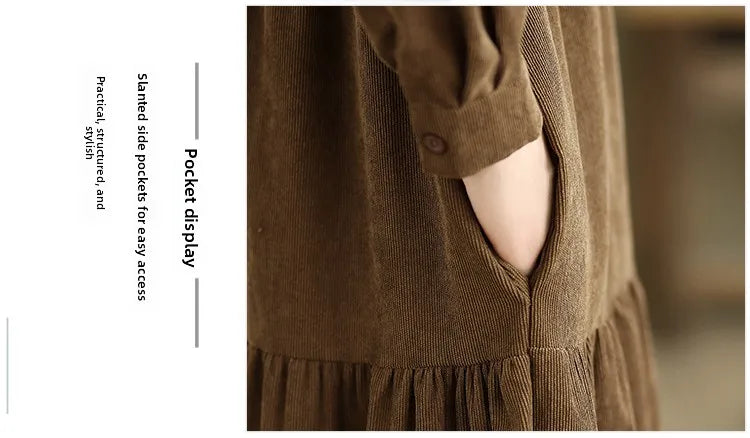 Corduroy Long Sleeve Doll Collar Dress 👗 Autumn Winter Loose A-Line Casual Midi Dress 🍂 Simple Chic Commute Dress