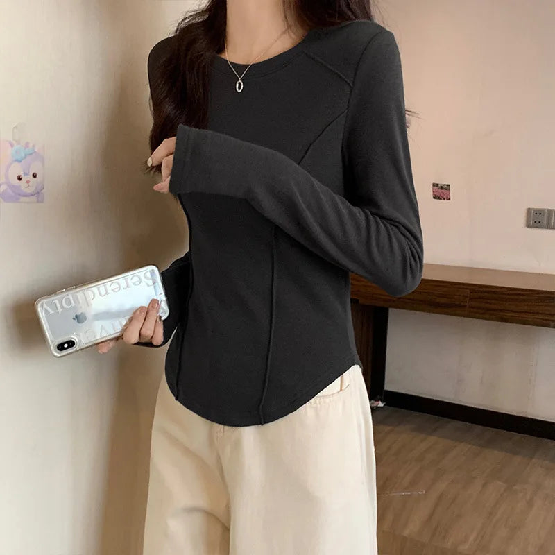 Women's Long Sleeve Velvet Base Shirt 👚 Slim Fit Round Neck T-Shirt ✨ Pure Color Winter Fashionable Top ❄️