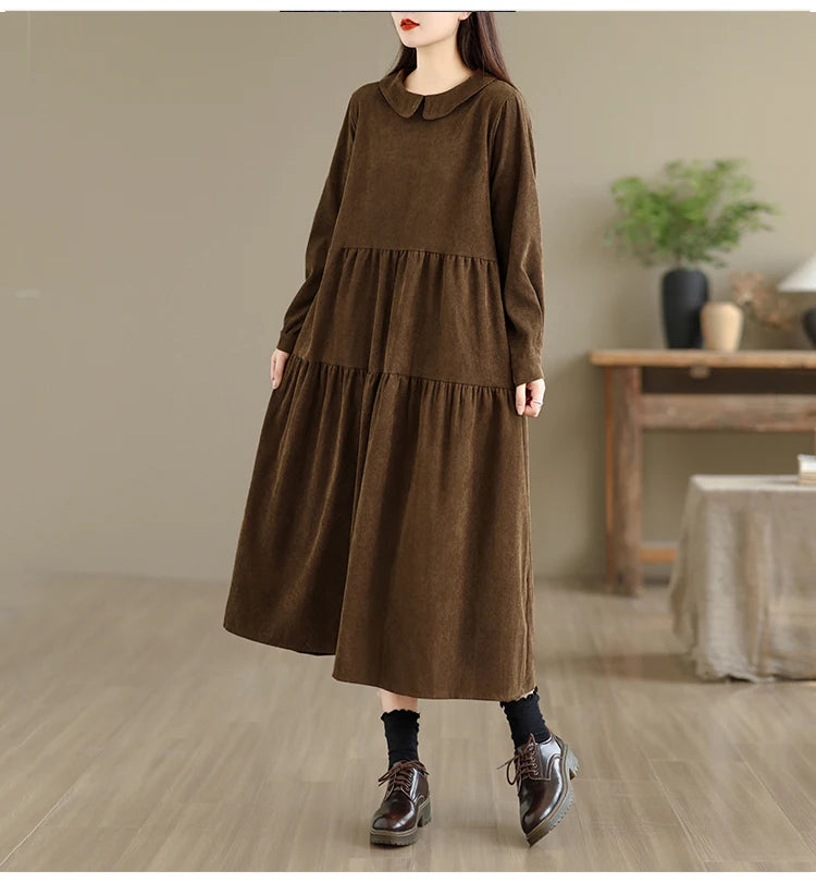 Corduroy Long Sleeve Doll Collar Dress 👗 Autumn Winter Loose A-Line Casual Midi Dress 🍂 Simple Chic Commute Dress