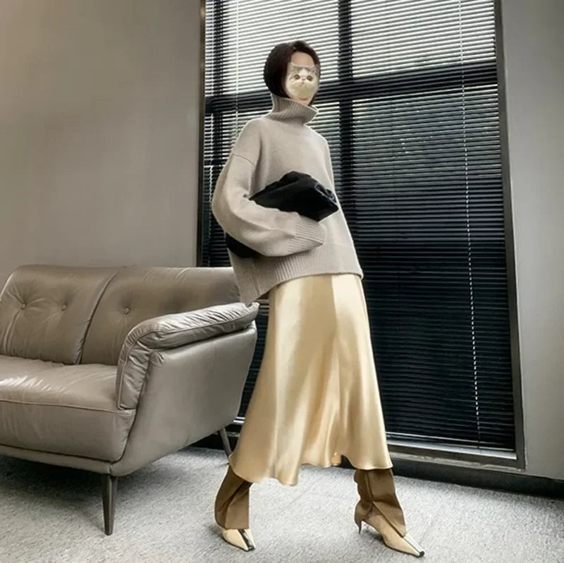 Women’s Oversize Turtleneck Sweater – Long Sleeve Knitted Pullover Autumn Winter Knitwear
