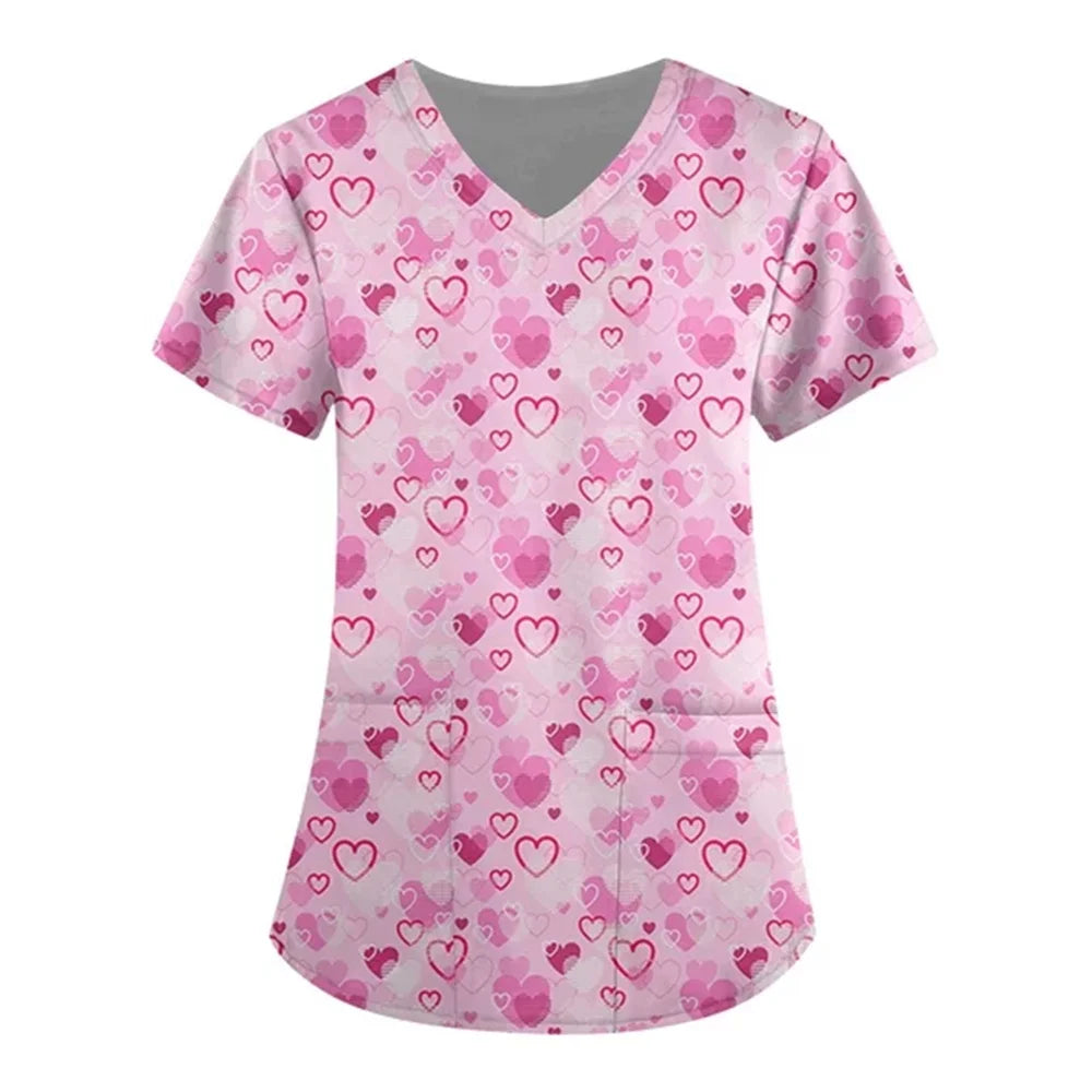 Women’s Heart Print Medical Top ❤️ V-Neck Short Sleeve Nursing Uniform ✨