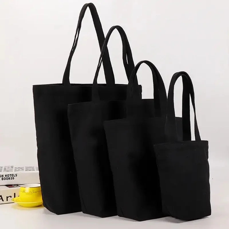 ISKYBOB Canvas Tote Bag | Black Cotton Shopping Shoulder Bag with Belt Pocket