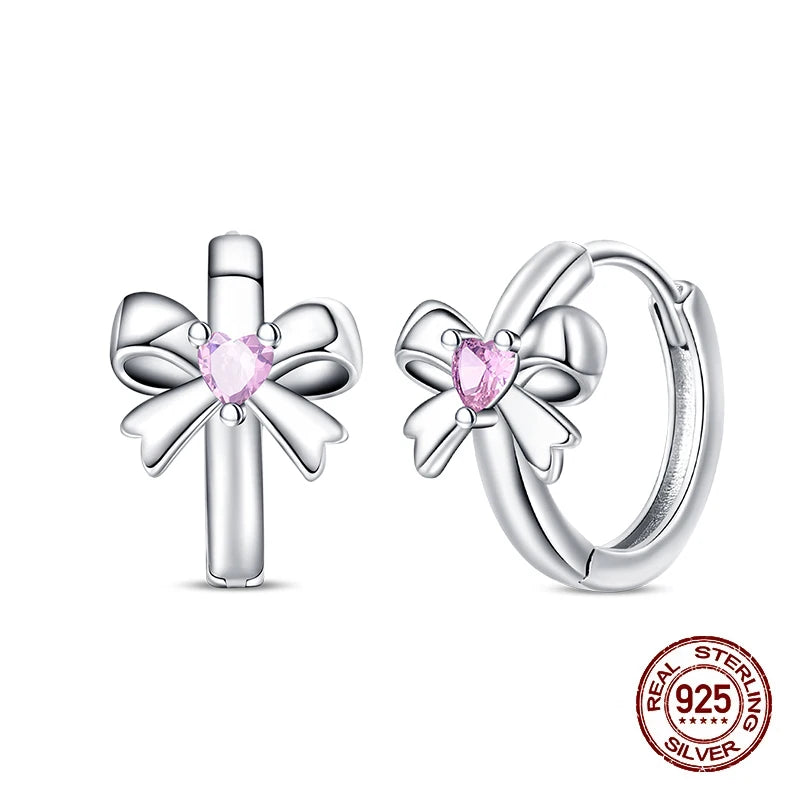 925 Sterling Silver Sweet Bow Heart Zircon Hoop Earrings | Women’s Shining Proluxy Fine Jewelry Gift for Engagement & Birthday