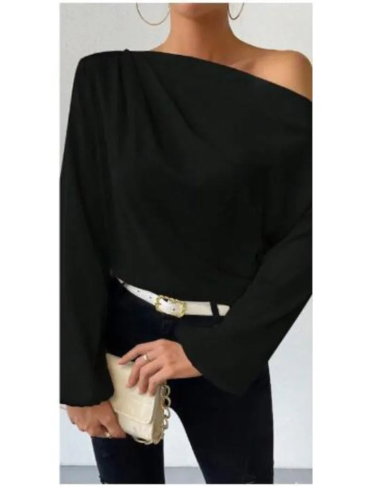 2025 Women’s One-Shoulder Elegant Blouse – Sexy Solid Color Long Sleeve Foreign Style Top 👚✨