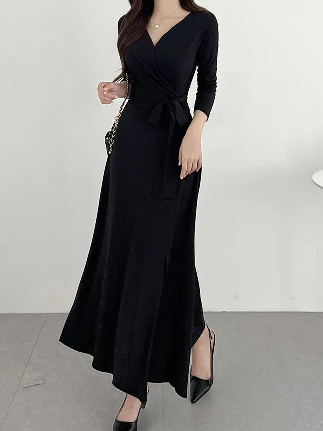 ✨ Slimming V-Neck Cross Wrap Long Dress 👗 Women's Base Layer Dress 🌸 Belted Waist Split Long Sleeve Colorful Commute Wear