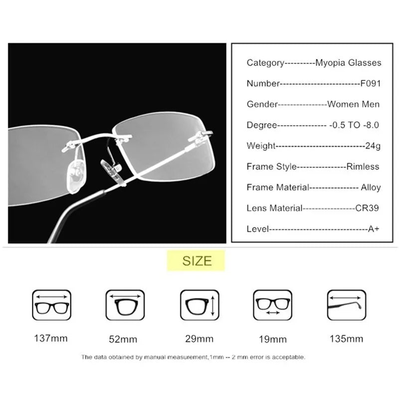 Titanium Alloy Rimless Glasses – Custom Prescription Eyewear for Men & Women | Anti Blue Ray & Photochromic Lenses