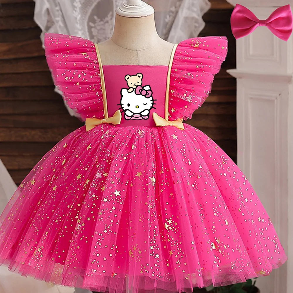 ✨ Hello Kitty Princess Dress for Girls 👑 Sequined Star Tutu Gown 🎀 Ruffle Bow Kids Party & Prom Dress