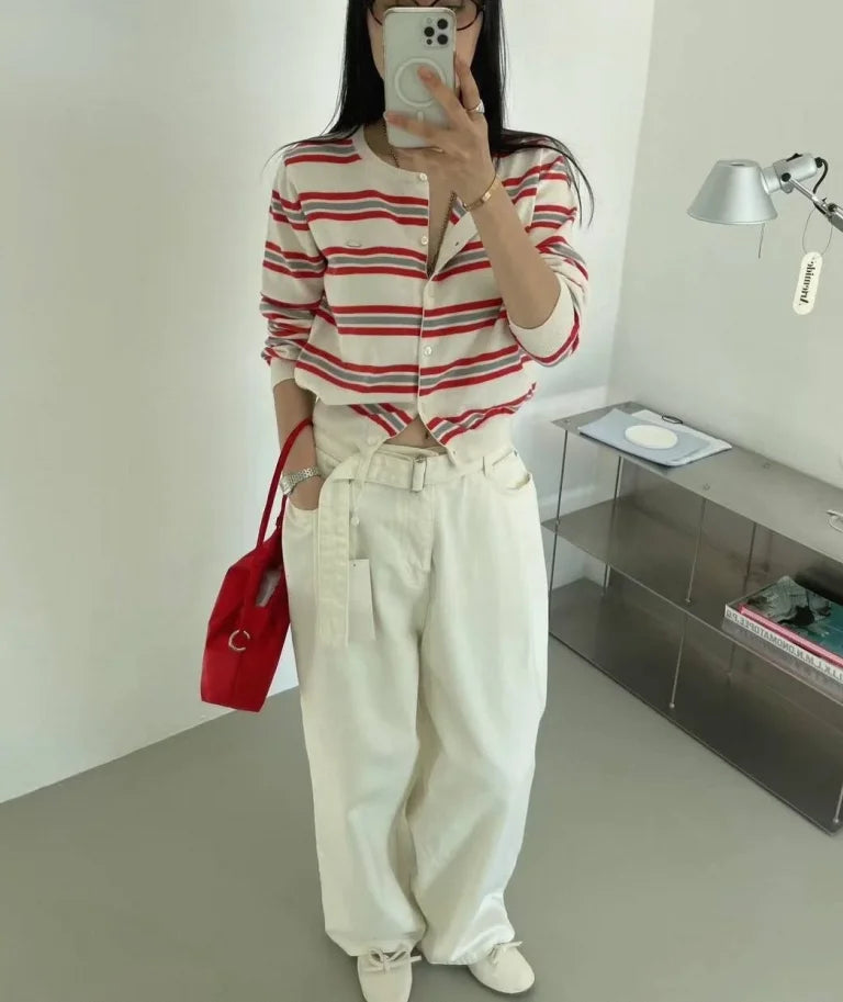 Women's Striped Knitted Cardigan | Chic Spring Button-Up Sweater | Soft Classic Open Front Knitwear