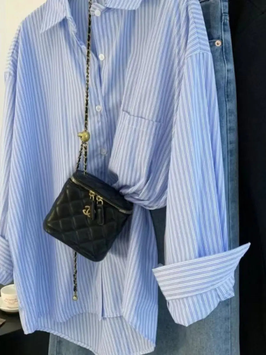 Retro Lazy Style Blue Striped Women’s Long Sleeve Shirt | Spring Autumn Design Sense Outerwear Blouse