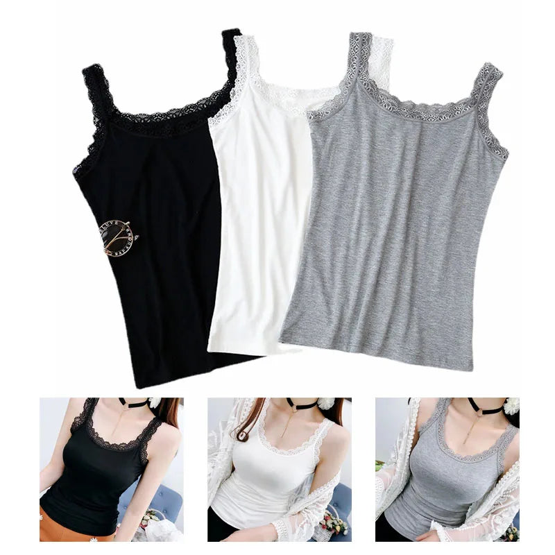 White & Black Lace Trim V-Neck Camisole | Plus Size Slim Crop Tank Top Sleep Vest