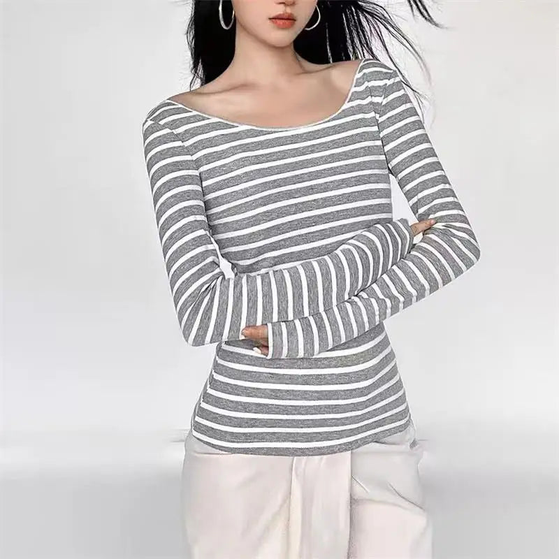 Y2K Grunge Emo Vintage Striped Off Shoulder Long Sleeve Top for Women – Black Grey Retro Goth Tee