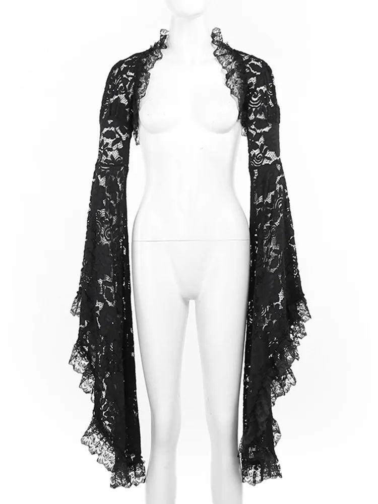 Dark Black Goth Top | Women’s Vintage Flared Sleeve Gothic T-Shirt Y2K Party Wear