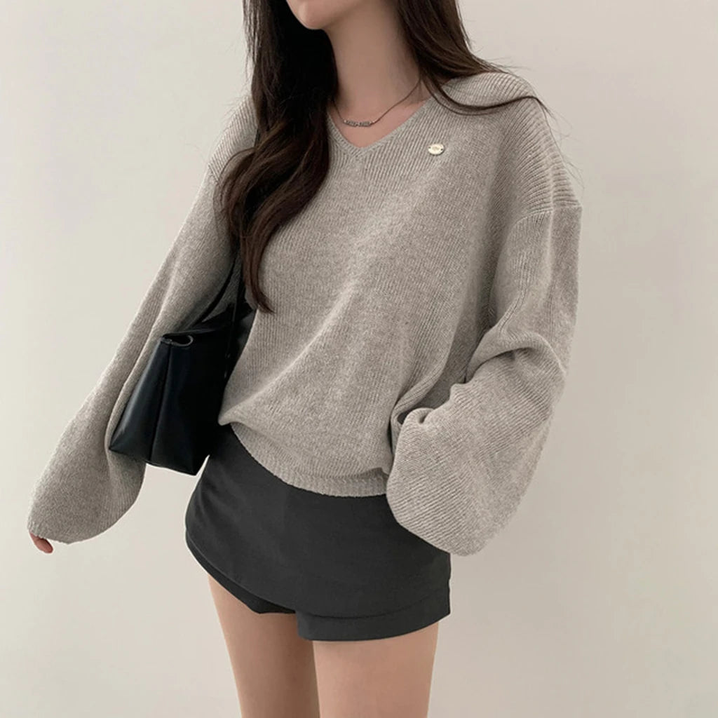 Loose Women’s Knitwear V-Neck Long Sleeve T-Shirt – Casual Comfortable Fashionable Autumn Top New Arrival