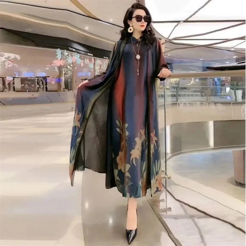 Middle-Aged Women’s Summer Dress Suit – Casual Two-Piece Printed Long Dress Set | Elegant Temperament Outfit