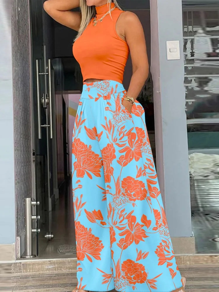 2025 Summer Fashion Printed Two Piece Set Women – Sleeveless Tank Top & Wide Leg Pants 🌞👚👖