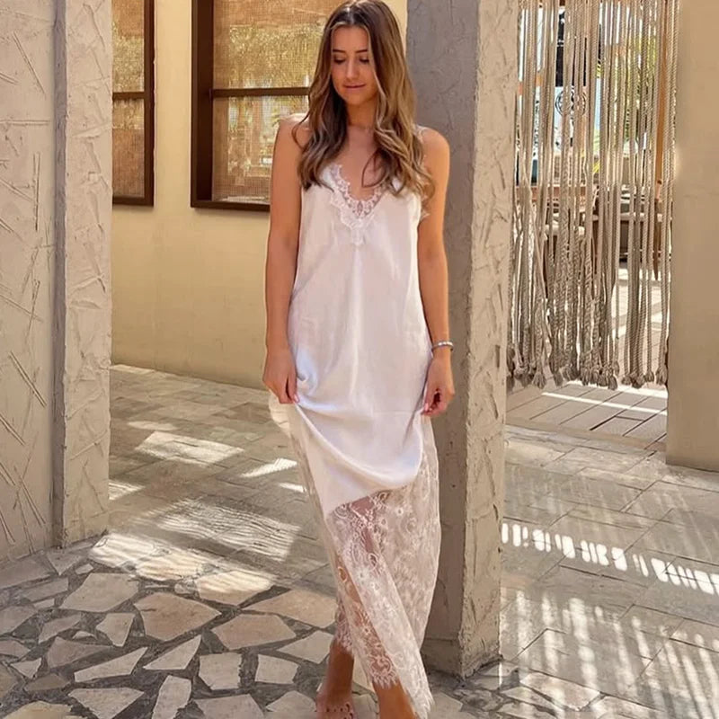 Tuularose Fashion V-Neck Lace Dress – Summer Women’s Backless See-Through Patchwork Party & Evening Dress