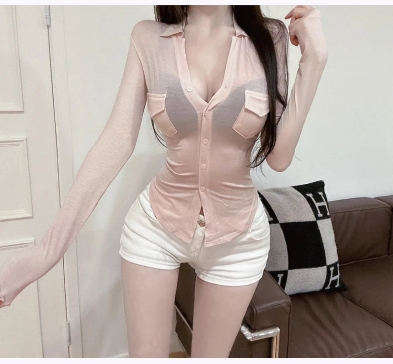 Sexy Button-Up Slim Fit Blouse – Women’s Early Autumn Korean Style Double Pocket Swing Top