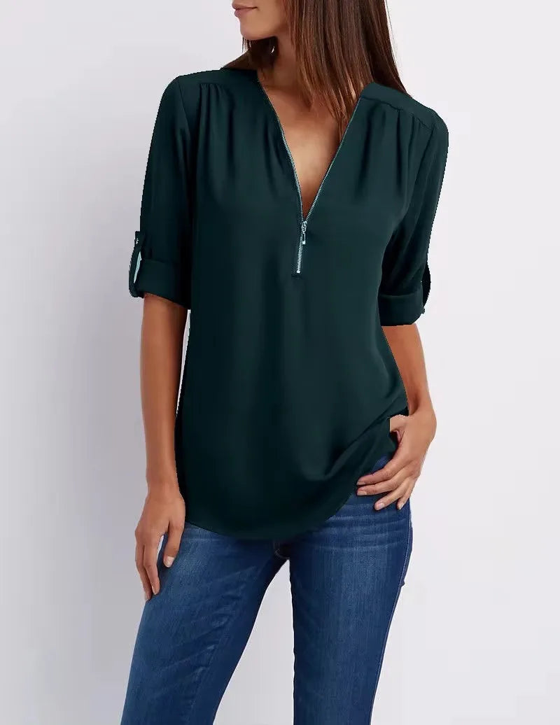 2025 Women’s Chiffon Blouse | Sexy Deep V-Neck Zipper Pullover Loose Fashion Top Plus Size