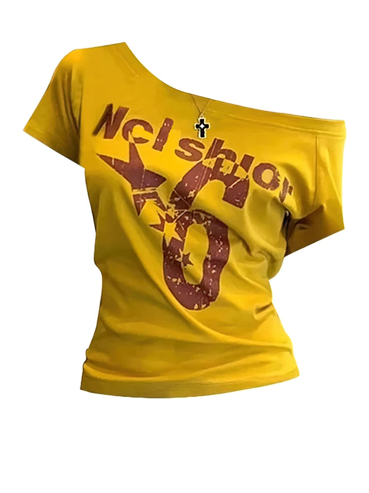 Y2K Sport Summer Off Shoulder Top for Women – Sexy Vintage 2000s Crop T-Shirt Short Sleeve Casual Body Fit Top
