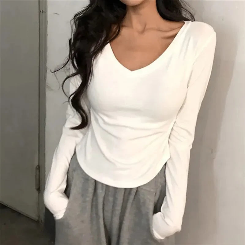 2024 Sexy V-Neck Long Sleeve T-Shirt for Women | Elastic Thin Solid Top for Spring & Autumn