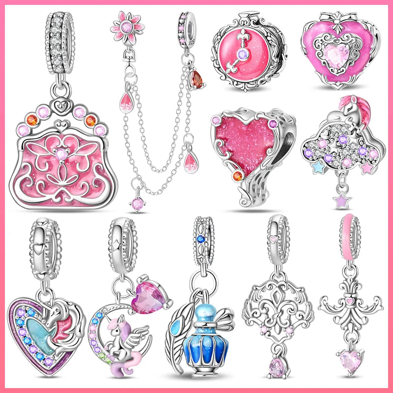925 Silver Plated Magic Mirror Princess Angel Pink Charm Beads | Fits Original Pan 925 Bracelet | Exquisite DIY Jewelry