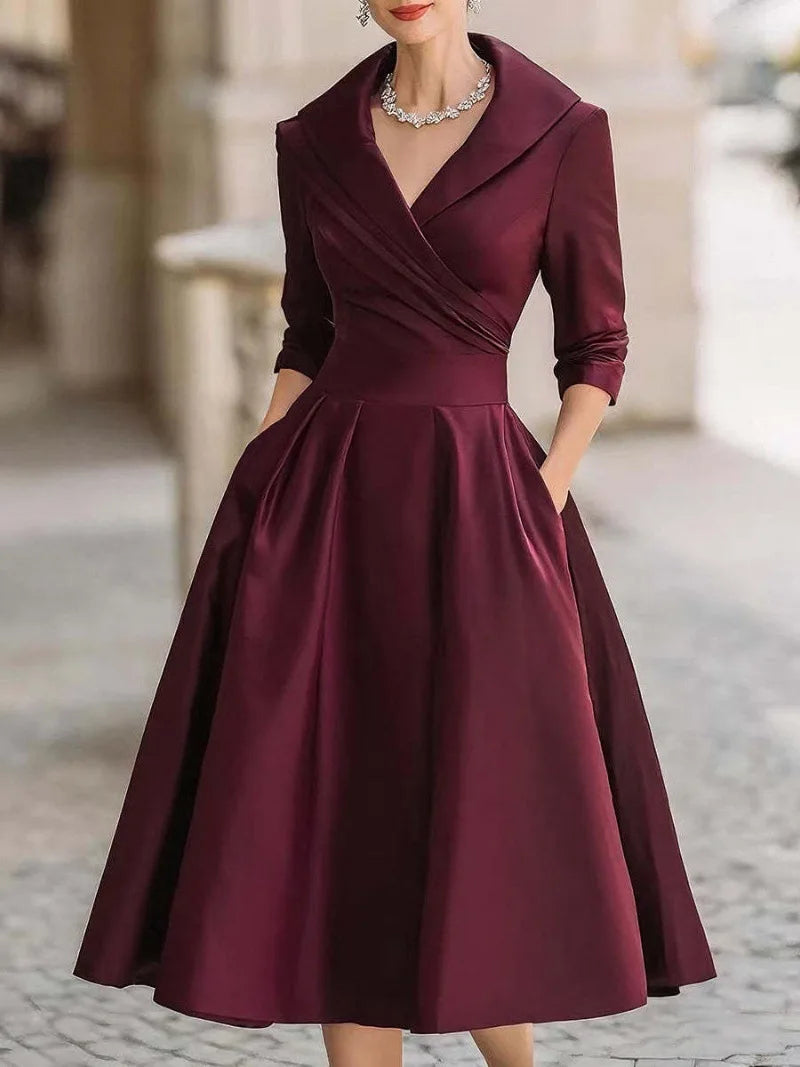 Elegant Solid Color V-Neck Waist Cinching Dress – Autumn Winter Women’s Long Sleeve Sexy Dress with Pockets | Ropa Mujer