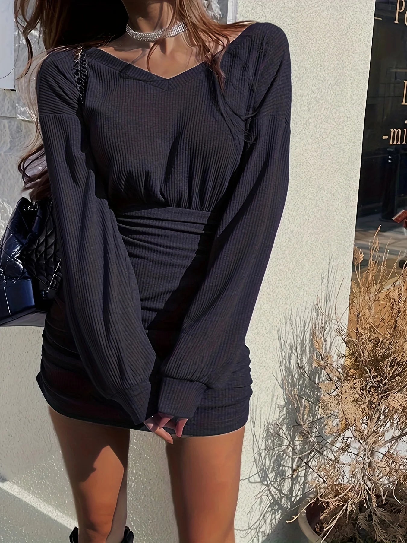 Ruched Bodycon Mini Dress for Women | Sexy V-Neck Long Sleeve Bag Hip Dress | Elegant Party & Night Out Outfit