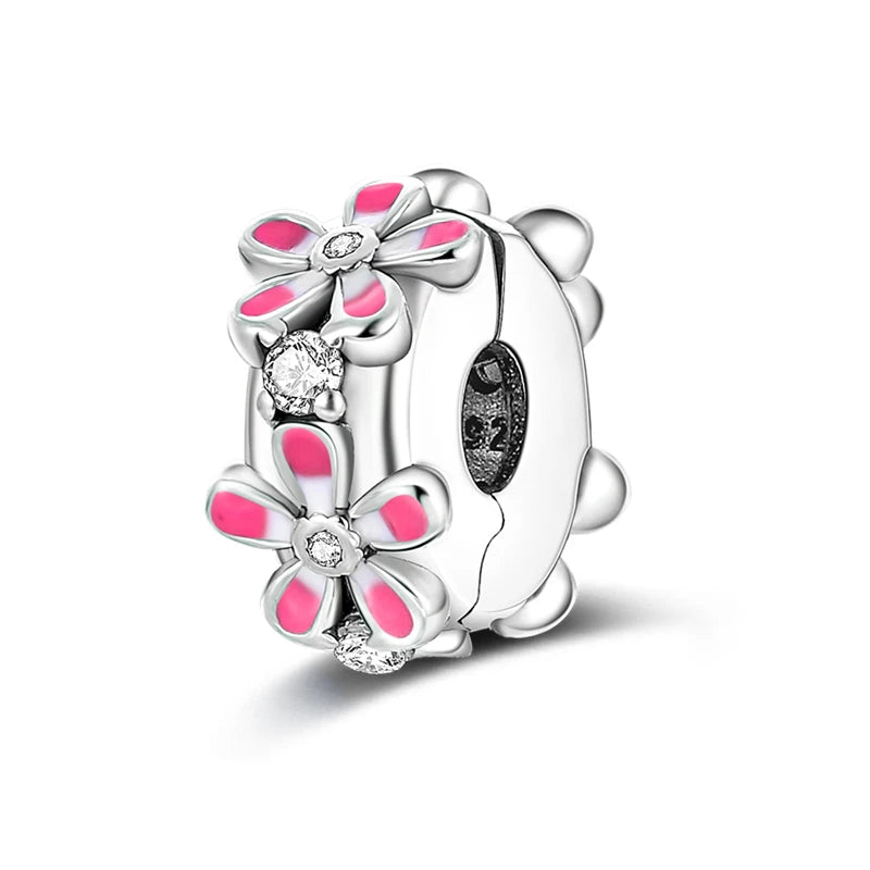 925 Sterling Silver CZ Pave Daisy Clip Charm & Safety Chain – Fits Original Pandora Bracelet, Women’s Silver Stopper Beads Jewelry