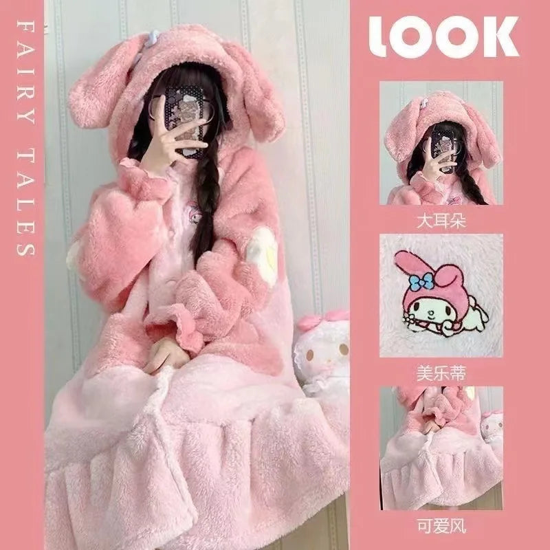 Kawaii Sanrio Hello Kitty Velvet Pajamas Set | Cute Cartoon Nightgown & Bathrobe | Girls & Couples Soft Home Wear