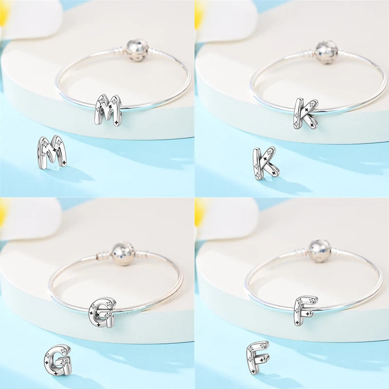 Classic 925 Sterling Silver A–Z Alphabet Charms | Letter Beads with Stars Fit Original Bracelet DIY Jewelry for Women