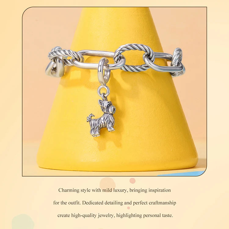 WOSTU 925 Sterling Silver Pet Dog Charm Pomeranian Yorkshire Terrier Pendant for Women Bracelet