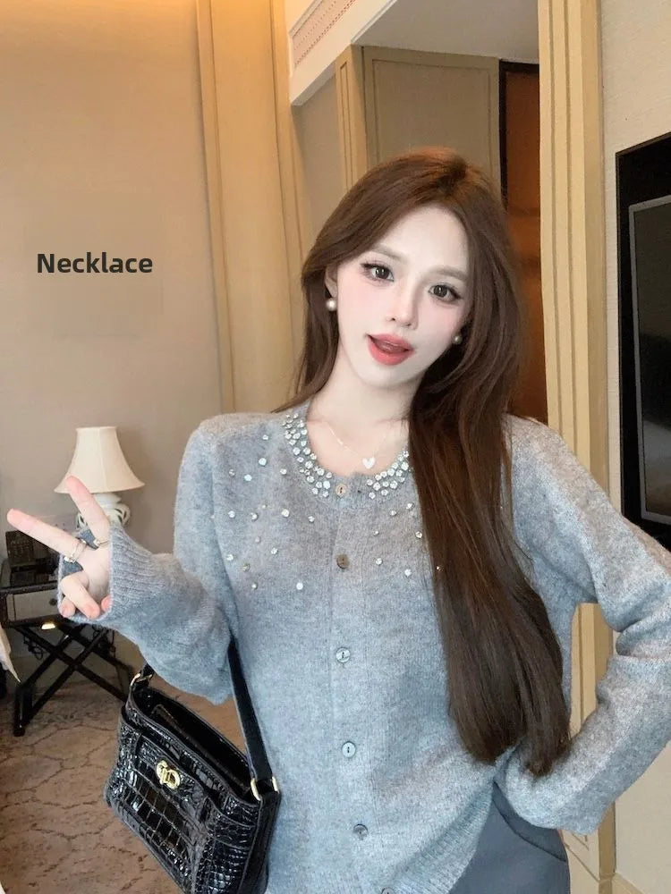 Heavy-Embroidered Diamond Women’s Sweater Cardigan – Soft Cozy Round Neck High-End Outerwear