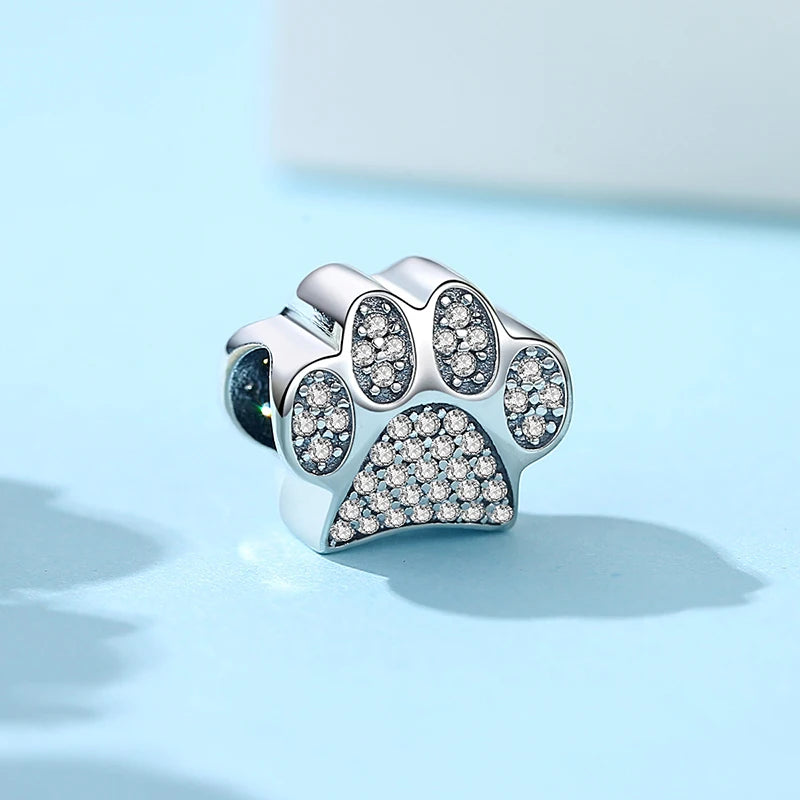 925 Sterling Silver Love Pets Dog Cat Paw Print Charm Beads for Women