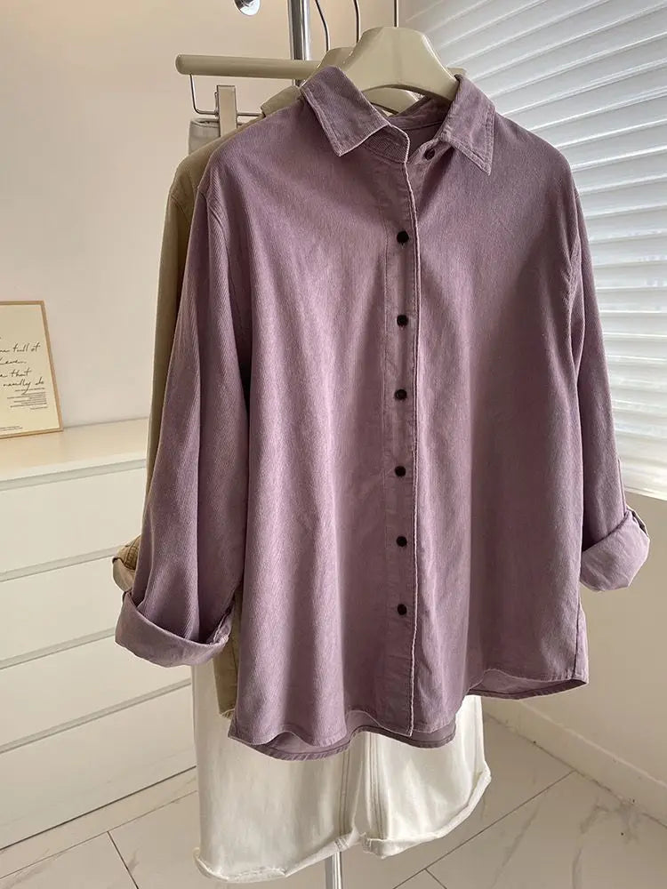 2025 Women’s Corduroy Purple Lotus Shirt | Loose Long Sleeve Casual Outerwear Top for Autumn
