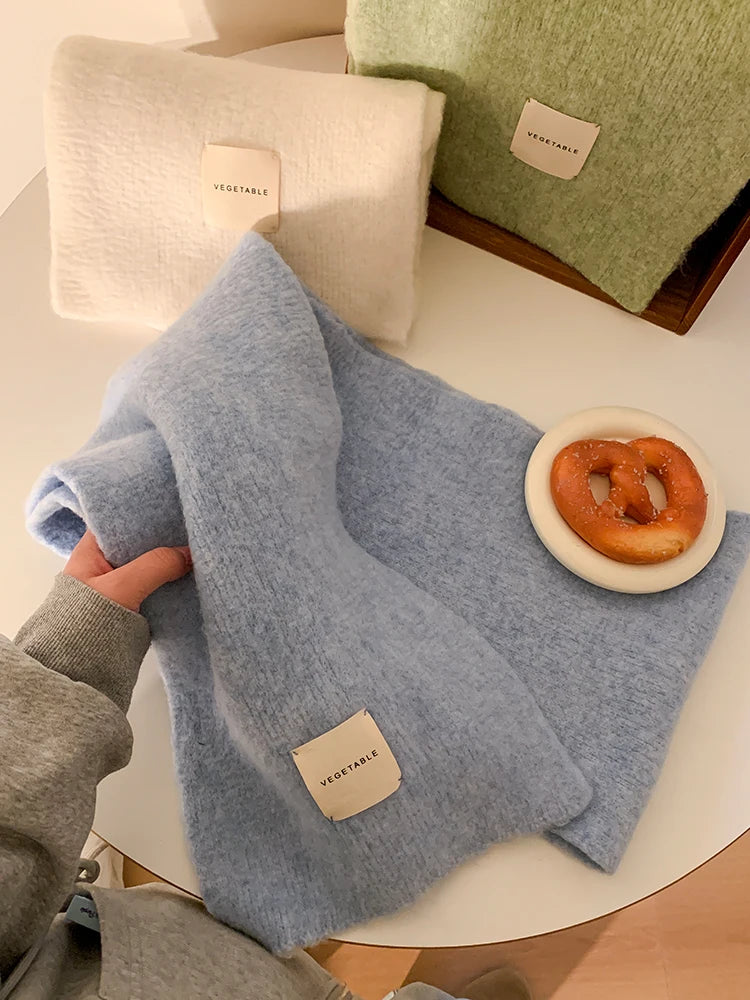 Warm Wool Blend Blue Knitted Scarf – Women’s Korean Style Winter Neck Warmer | Long Rectangle Color Scarf