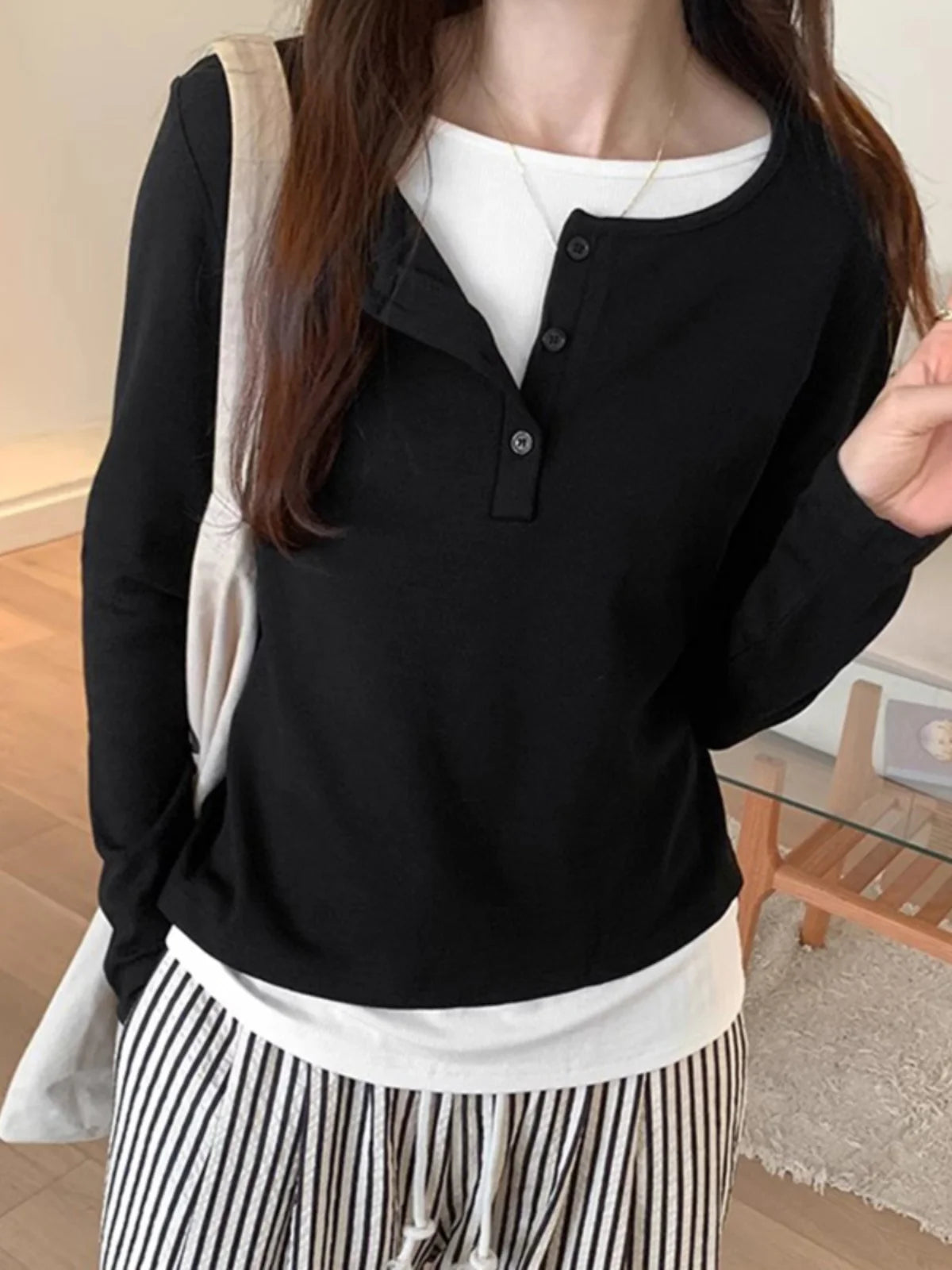 Slimming Effect Pure Cotton Long Sleeve Top – Women’s Loose Fashionable Base Shirt Spring Autumn 2025